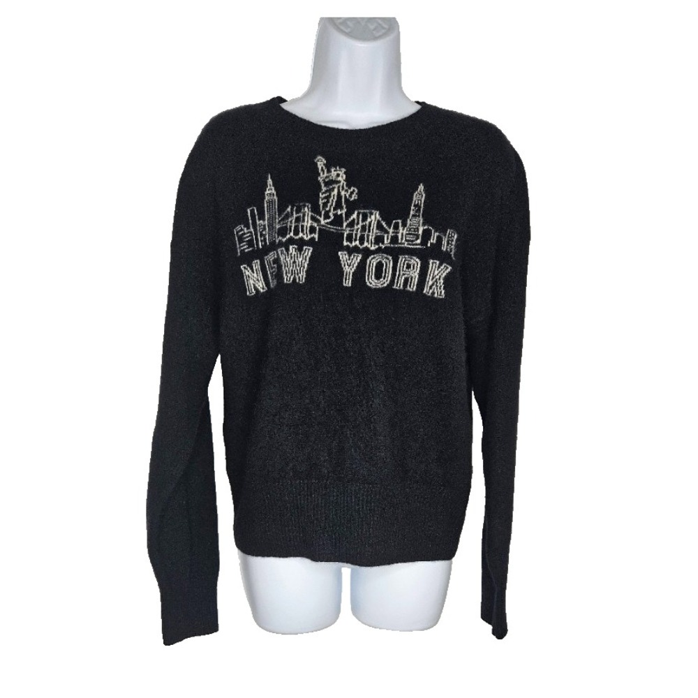 Aqua Cashmere Womens New York Sweater Black Graphic Crewneck Pullover NYC Large